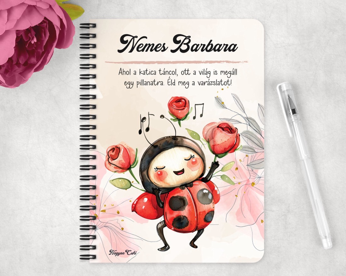 Személyre szabható - Cuki táncoló katica mintás A6-os füzet - otthon & életmód - papír, írószer - jegyzetfüzet & napló - Meska.hu