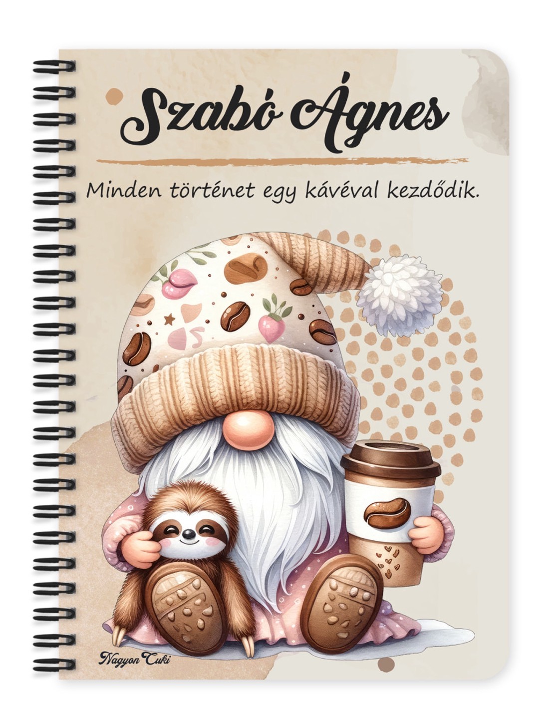 Személyre szabható - Kávés manó cuki lajhárral mintás A5-ös füzet - otthon & életmód - papír, írószer - jegyzetfüzet & napló - Meska.hu