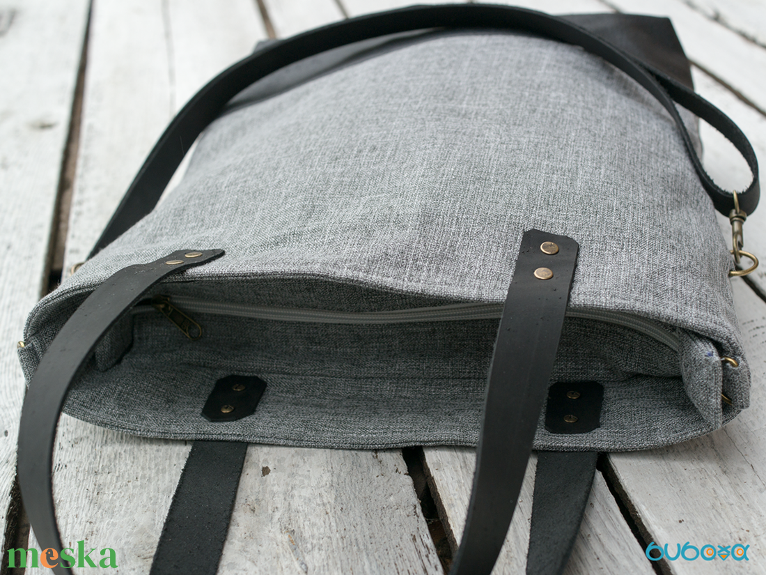 Variálható valódi bőr pántos szürke-fekete szövettáska  - táska & tok - kézitáska & válltáska - nagy pakolós táska - Meska.hu