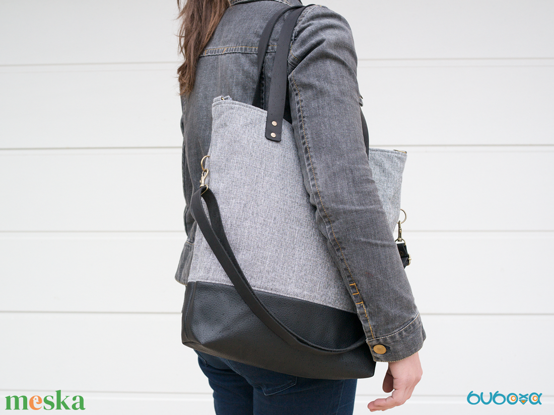 Variálható valódi bőr pántos szürke-fekete szövettáska  - táska & tok - kézitáska & válltáska - nagy pakolós táska - Meska.hu