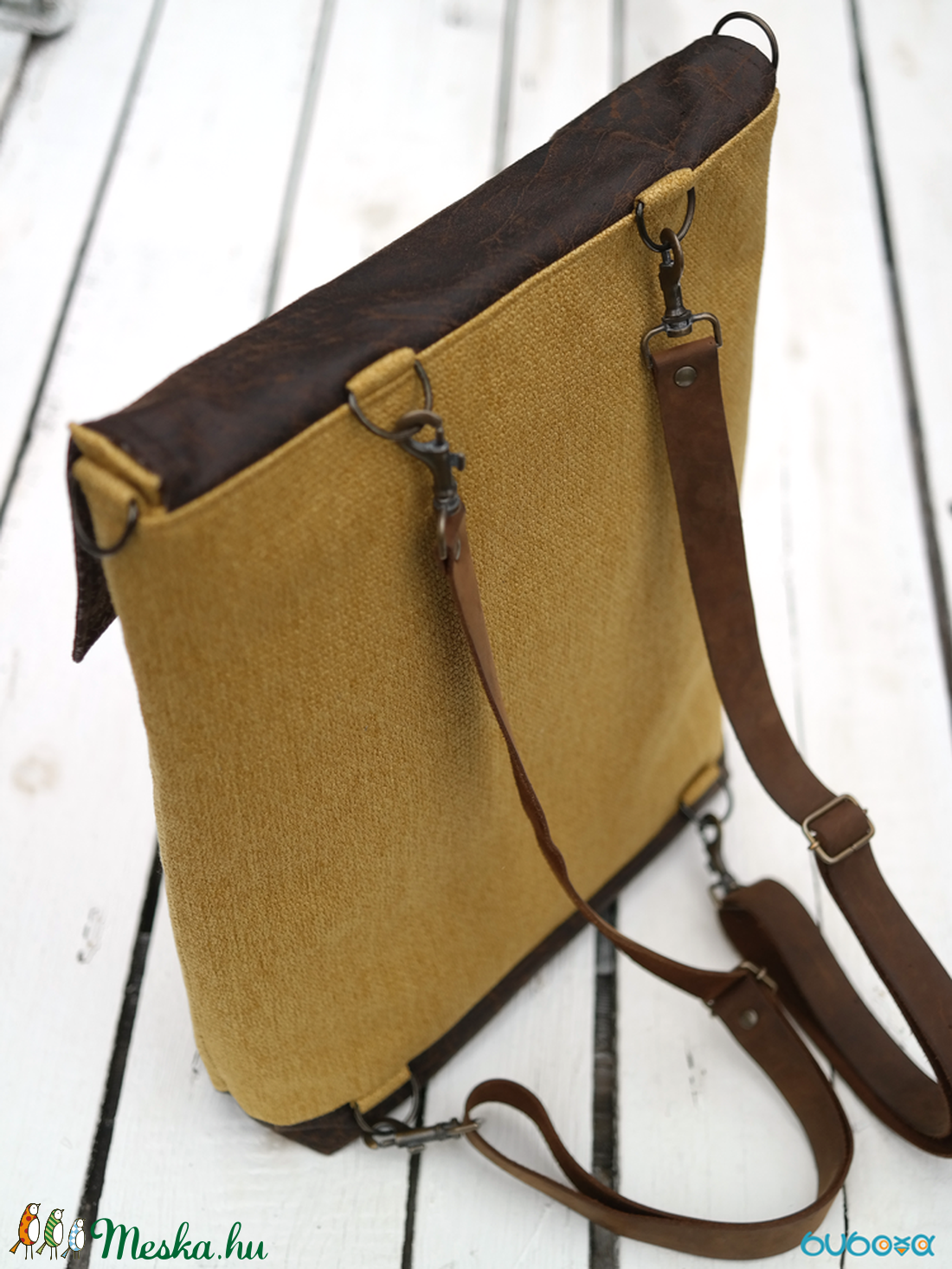 NOCTUA kollekció - mustársárga szövet-barna bőr hátizsák, oldal-, vagy válltáska - táska & tok - hátizsák - hátizsák - Meska.hu