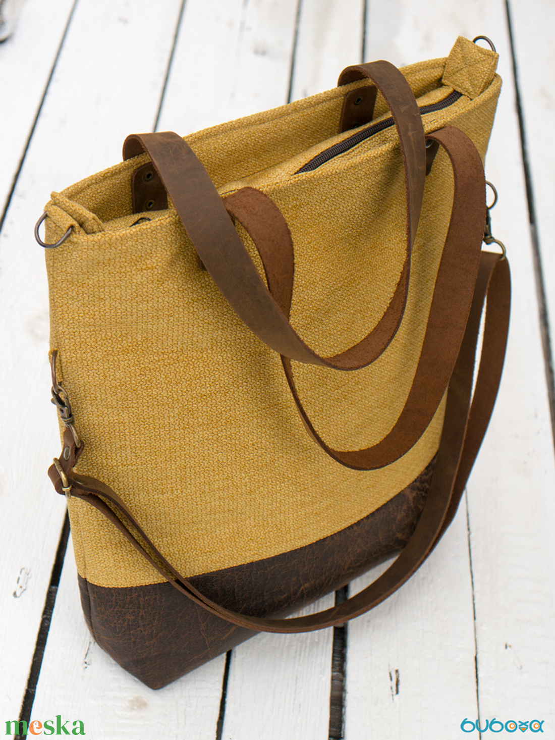 CAPENSIS kollekció - Variálható valódi bőr pántos mustársárga-barna szövettáska  - táska & tok - kézitáska & válltáska - válltáska - Meska.hu