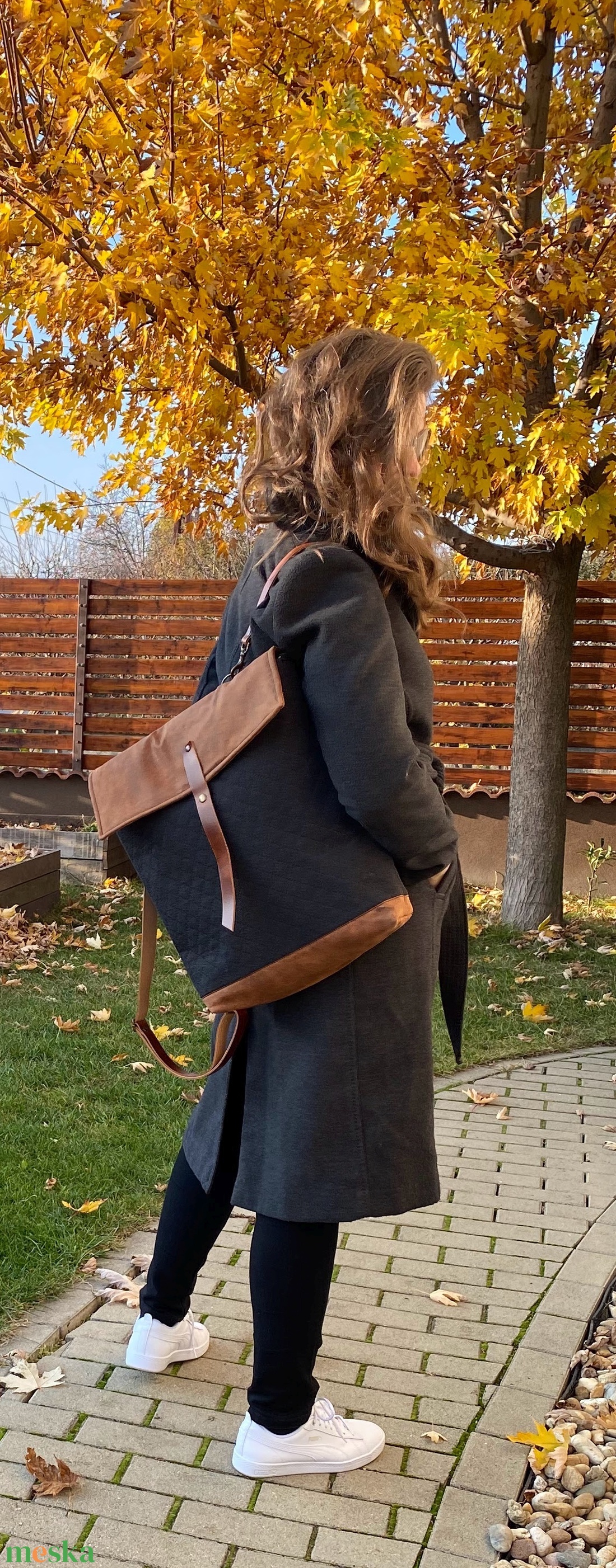 NOCTUA kollekció - fekete steppelt szövet-camel barna bőr hátizsák, oldal-, vagy válltáska - táska & tok - hátizsák - hátizsák - Meska.hu