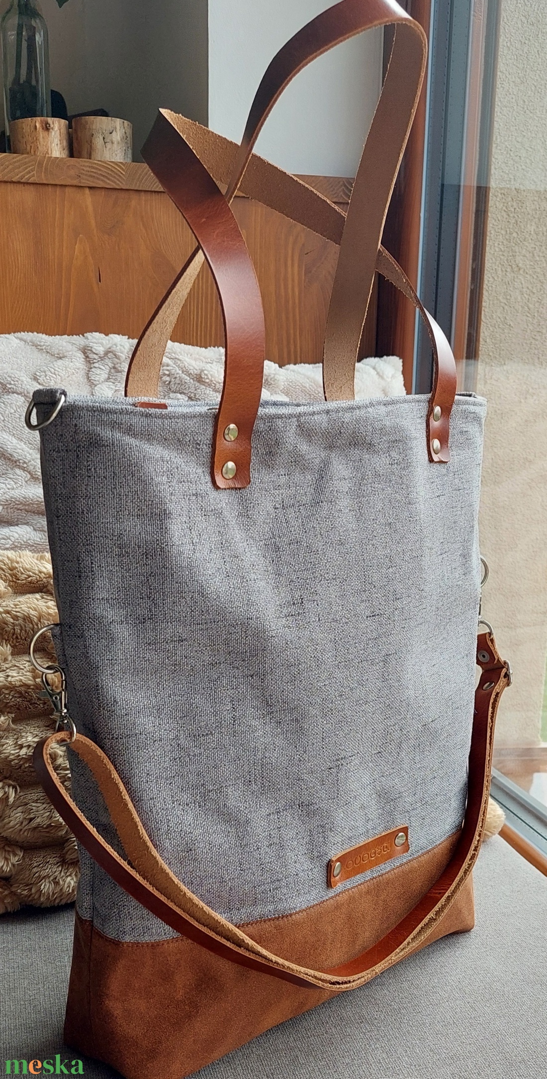 CAPENSIS kollekció - Variálható valódi bőr pántos szürke-camel barna szövettáska  - táska & tok - variálható táska - Meska.hu