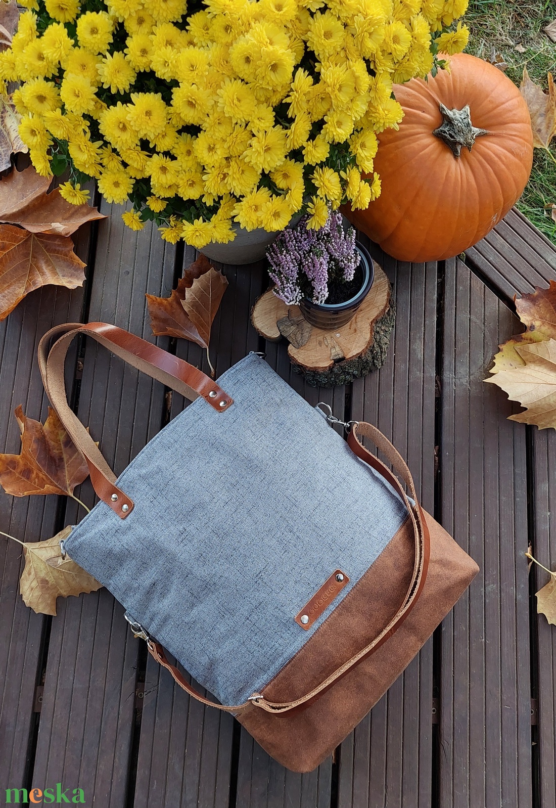 CAPENSIS kollekció - Variálható valódi bőr pántos szürke-camel barna szövettáska  - táska & tok - variálható táska - Meska.hu