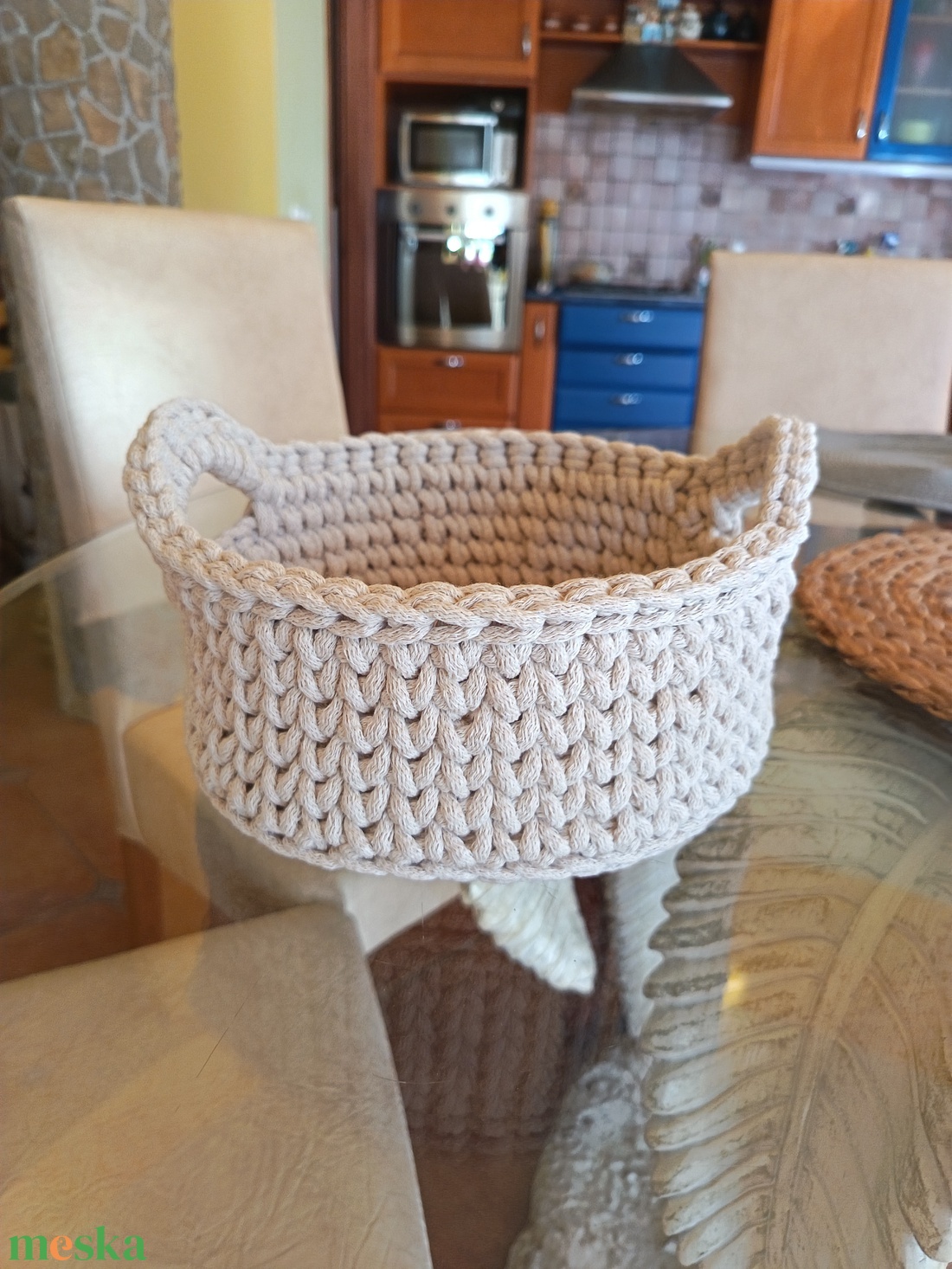 Natúr horgolt tároló kosár fülekkel  újrahasznosított pamut zsinórfonalból, kézműves lakásdekoráció - otthon & életmód - tárolás & rendszerezés - tárolókosár - Meska.hu
