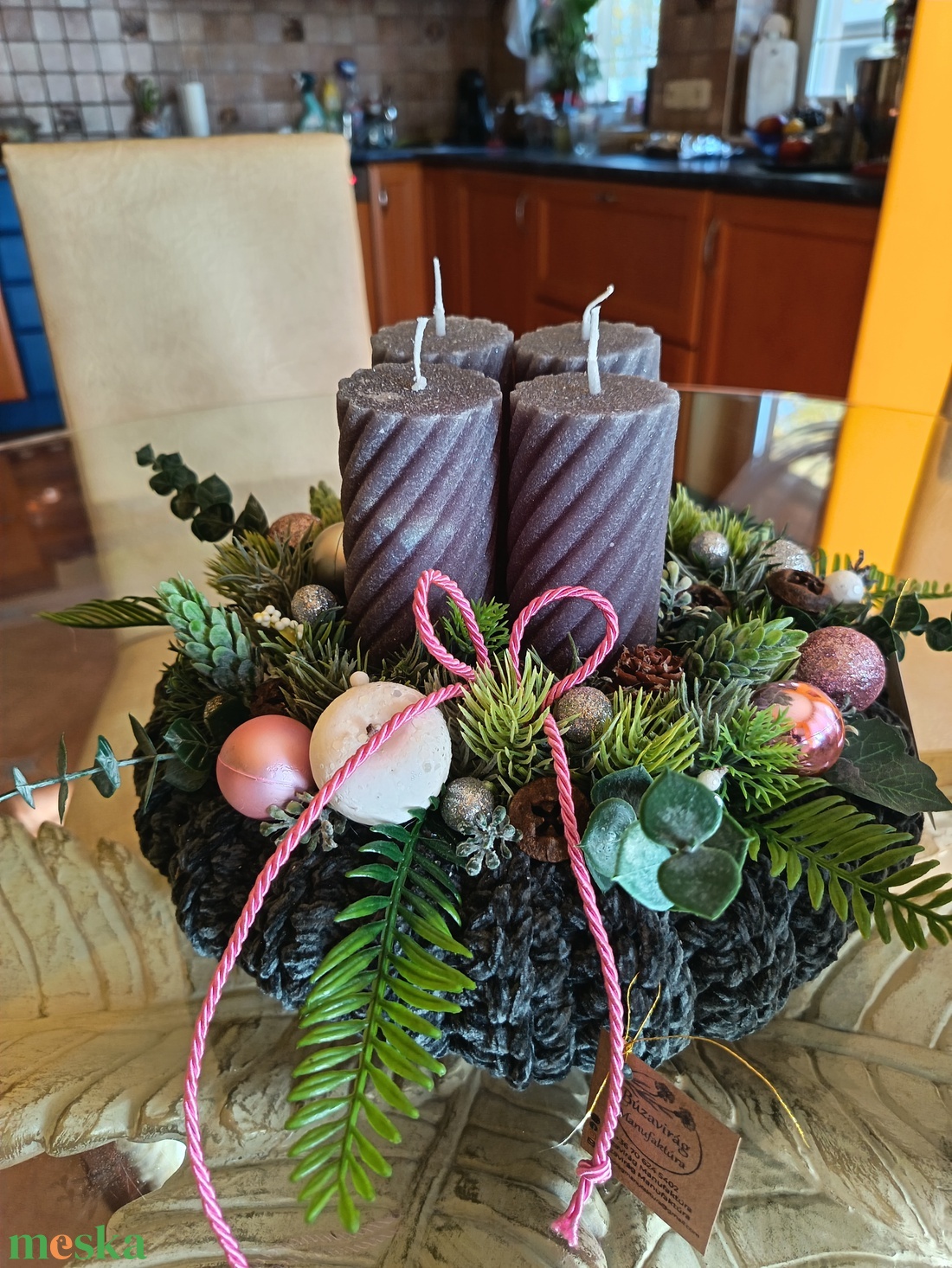 Horgolt alapú adventi koszorú  egyedi, újrahasznosítható kézműves alkotás - karácsony - adventi díszek - adventi asztaldísz - Meska.hu