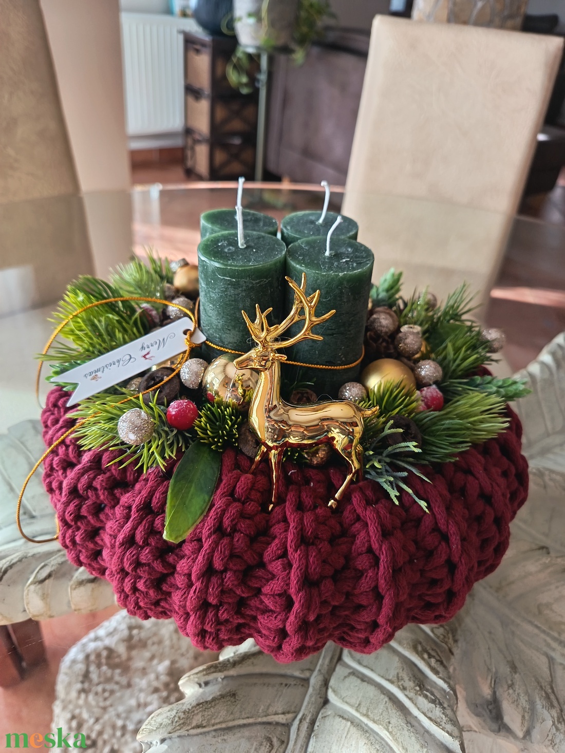 Bordó-zöld-arany színvilágú adventi koszorú  - karácsony - adventi díszek - adventi asztaldísz - Meska.hu