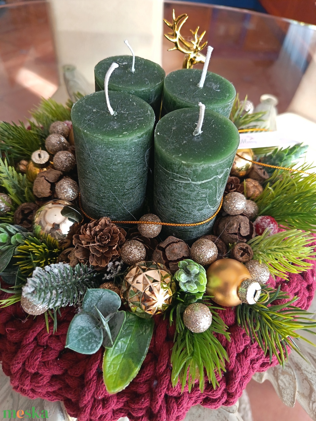 Bordó-zöld-arany színvilágú adventi koszorú  - karácsony - adventi díszek - adventi asztaldísz - Meska.hu