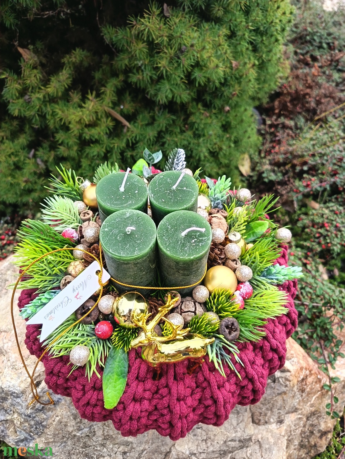 Bordó-zöld-arany színvilágú adventi koszorú  - karácsony - adventi díszek - adventi asztaldísz - Meska.hu