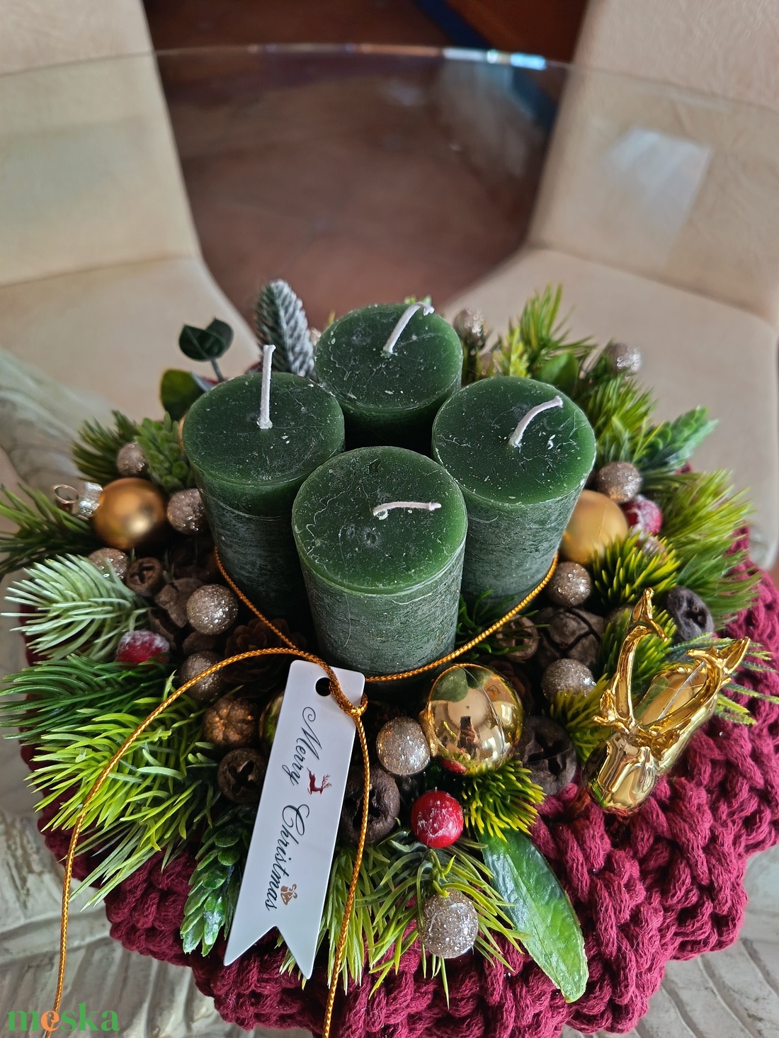 Bordó-zöld-arany színvilágú adventi koszorú  - karácsony - adventi díszek - adventi asztaldísz - Meska.hu