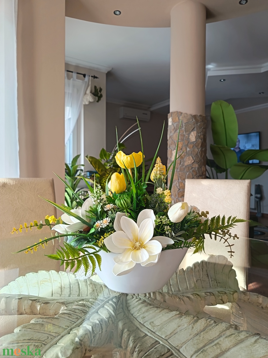 Magnóliás asztaldísz csónakkaspóban  - otthon & életmód - dekoráció - asztal és polc dekoráció - asztaldísz - Meska.hu