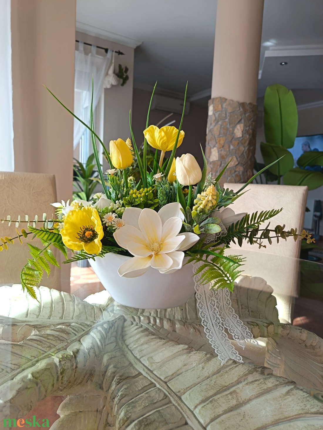 Magnóliás asztaldísz csónakkaspóban  - otthon & életmód - dekoráció - asztal és polc dekoráció - asztaldísz - Meska.hu