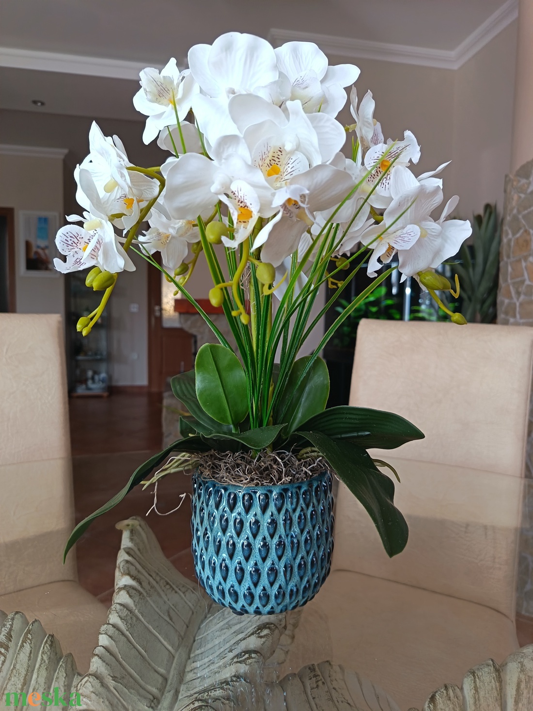 Orchidea dekoráció türkiz kaspósban  - otthon & életmód - dekoráció - asztal és polc dekoráció - asztaldísz - Meska.hu