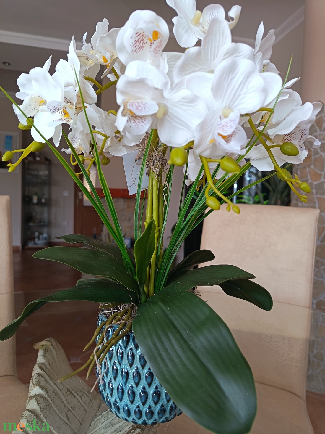 Orchidea dekoráció türkiz kaspósban  - otthon & életmód - dekoráció - asztal és polc dekoráció - asztaldísz - Meska.hu