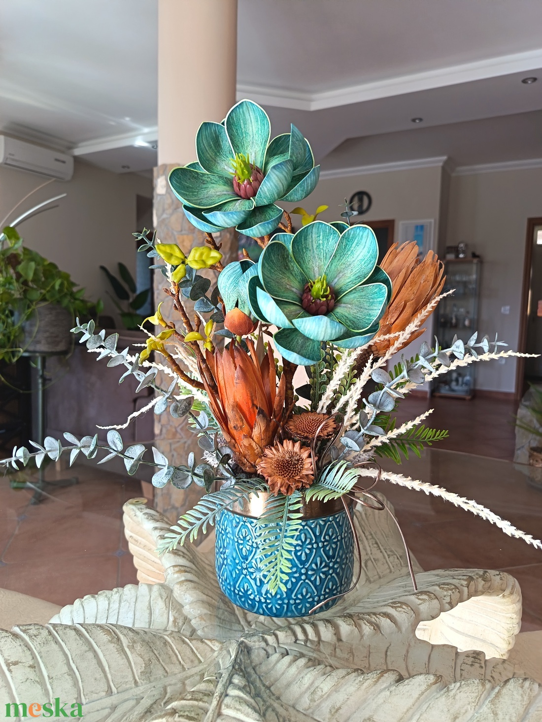  Elegáns magnóliás�proteás asztaldísz prémium kaspóban - otthon & életmód - dekoráció - asztal és polc dekoráció - asztaldísz - Meska.hu