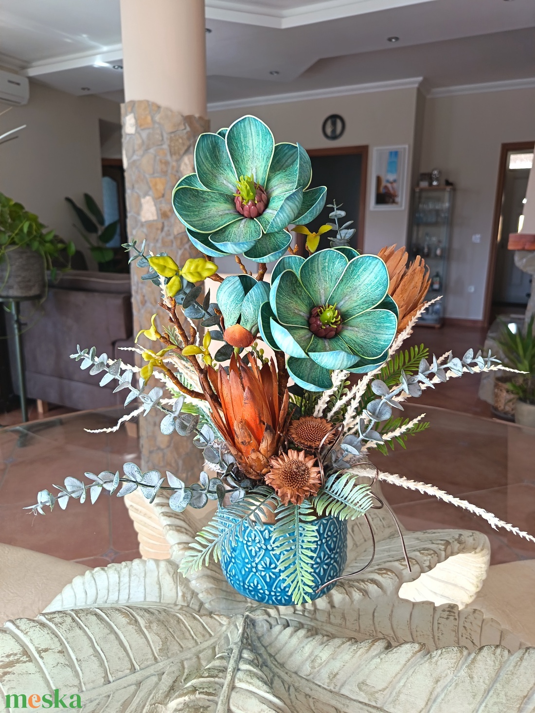  Elegáns magnóliás�proteás asztaldísz prémium kaspóban - otthon & életmód - dekoráció - asztal és polc dekoráció - asztaldísz - Meska.hu