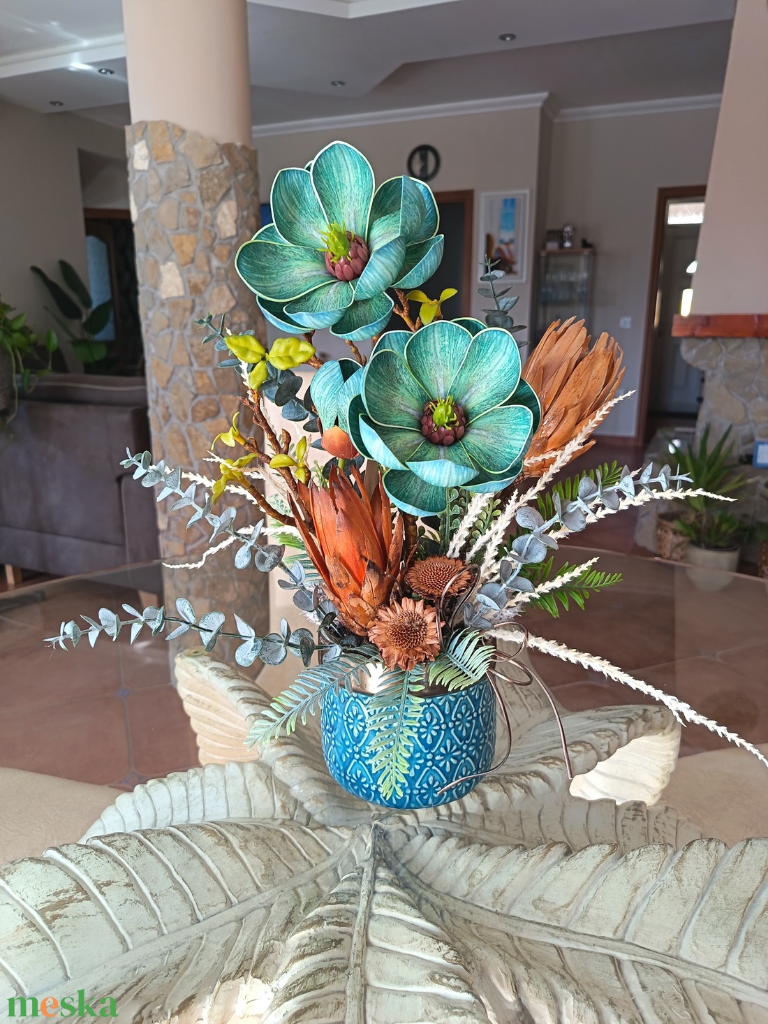  Elegáns magnóliás�proteás asztaldísz prémium kaspóban - otthon & életmód - dekoráció - asztal és polc dekoráció - asztaldísz - Meska.hu