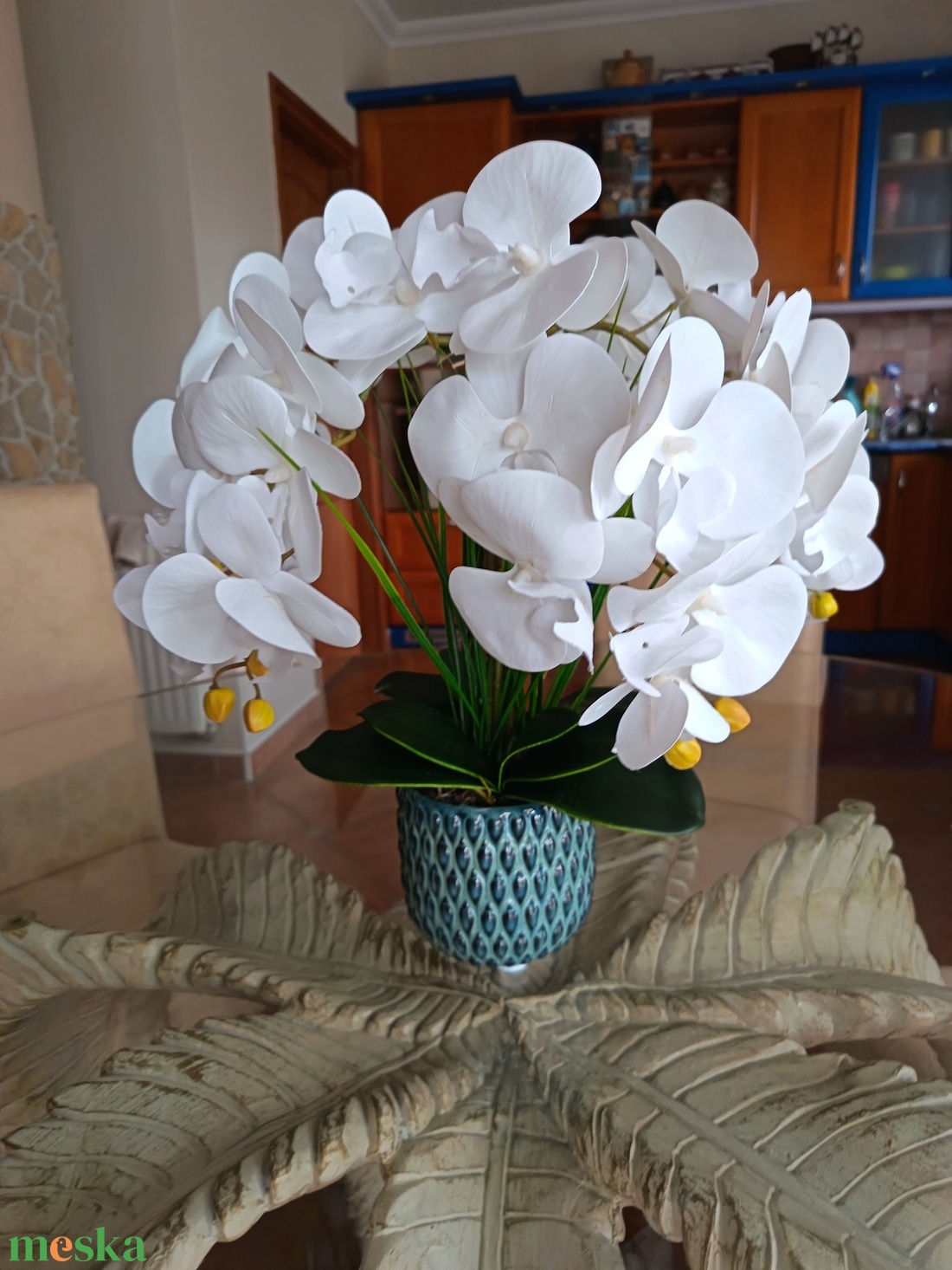 Elegáns fehér orchidea kompozíció � kék kaspóban (5 szálas) - otthon & életmód - dekoráció - asztal és polc dekoráció - asztaldísz - Meska.hu