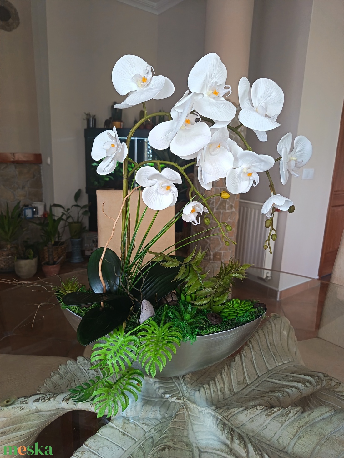 Élethű orchidea dekoráció ezüst csónakkaspóban - otthon & életmód - dekoráció - asztal és polc dekoráció - asztaldísz - Meska.hu