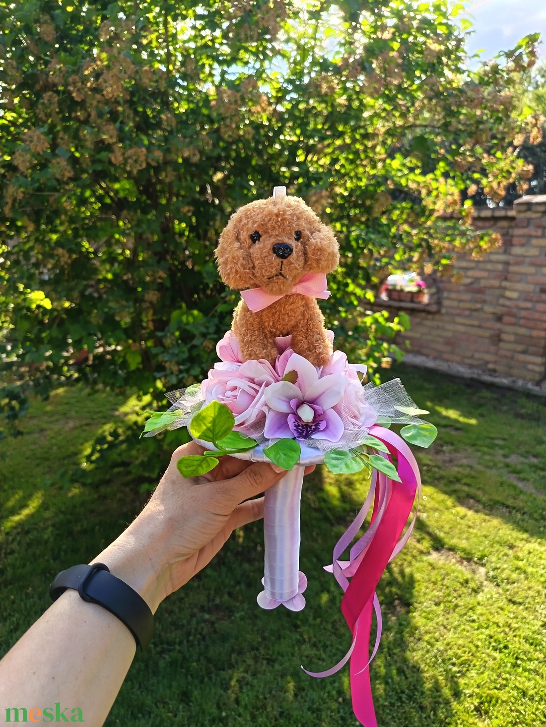 Ovis/bölcsis ballagási csokor plüss kiskutyával - otthon & életmód - virágdekoráció - virágok - virágcsokor - Meska.hu