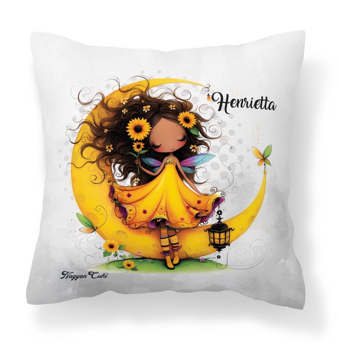 Névvel kérhető - Cuki Napraforgós tündérlány lámpással mintás párna - otthon & életmód - lakástextil - párna & párnahuzat - díszpárna (belsővel együtt) - Meska.hu