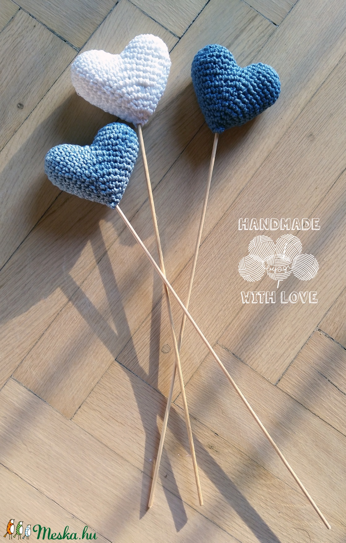 Horgolt 3D amigurumi szív pálcán - kék -  - Meska.hu