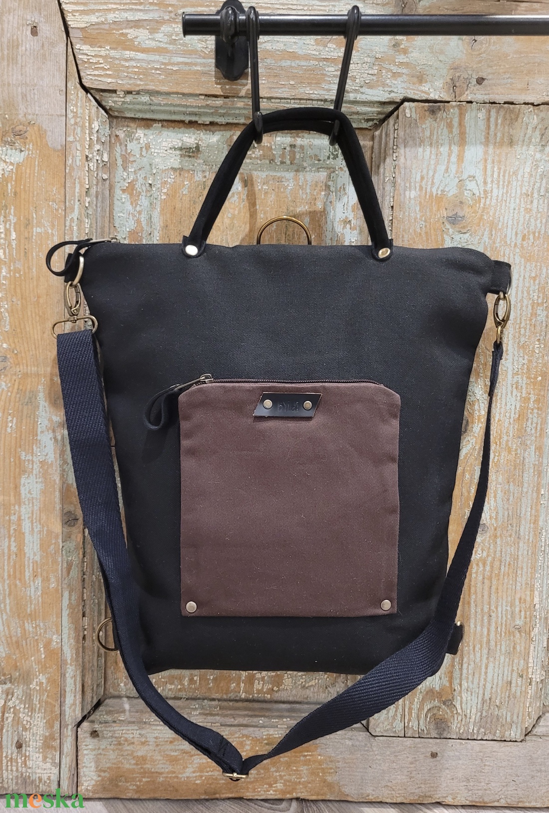 Fekete-barna vászontáska, Hátizsák, laptoptáska, iskolatáska, hátizsák - táska & tok - kézitáska & válltáska - alkalmi táska - Meska.hu