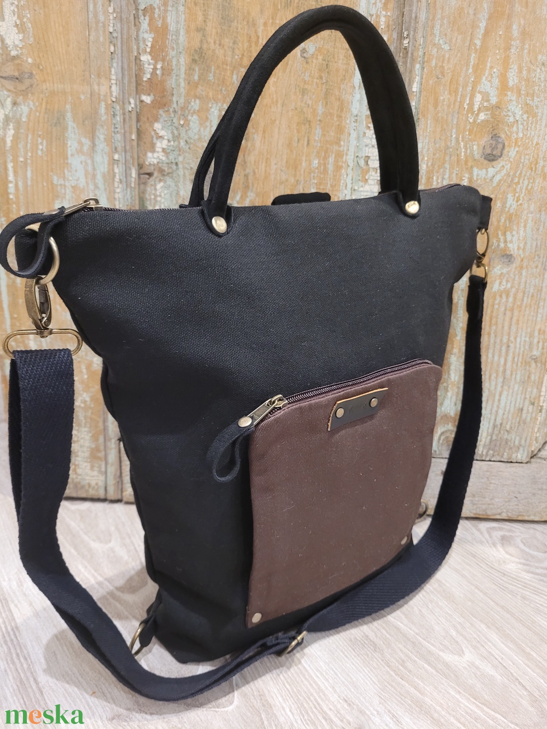 Fekete-barna vászontáska, Hátizsák, laptoptáska, iskolatáska, hátizsák - táska & tok - kézitáska & válltáska - alkalmi táska - Meska.hu