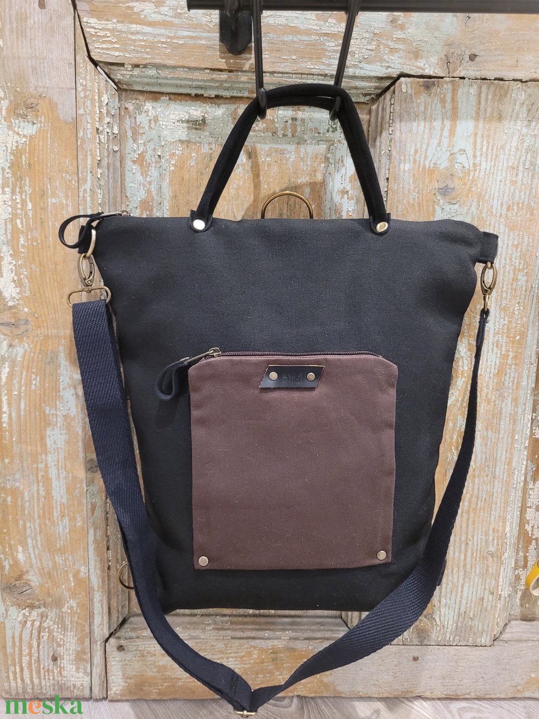 Fekete-barna vászontáska, Hátizsák, laptoptáska, iskolatáska, hátizsák - táska & tok - kézitáska & válltáska - alkalmi táska - Meska.hu