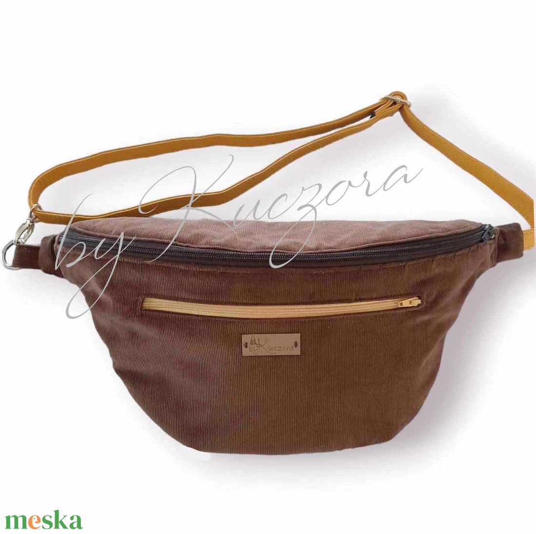 Nagy méretű övtáska alakú testtáska - barna bársony anyagból - táska & tok - övtáska - Meska.hu