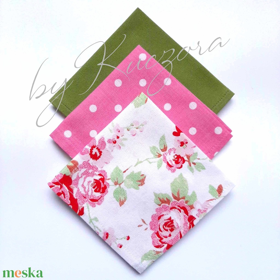 Textil zsebkendő szett, öko zsebkendő szett - zöld, rózsaszín pöttyös, rózsamintás - szépségápolás - egészségmegőrzés - Meska.hu