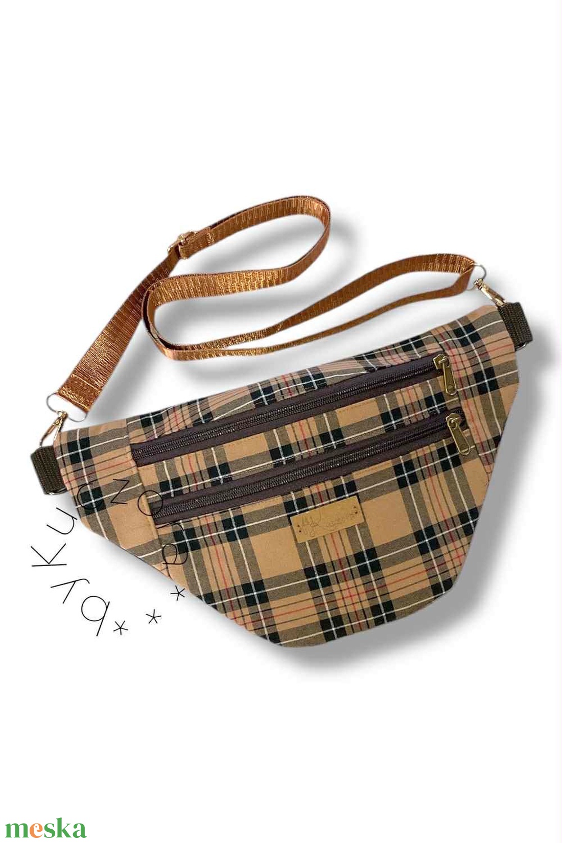 Barna skót kockás övtáska / crossbody  klasszikus elegancia, modern formában - táska & tok - övtáska - Meska.hu