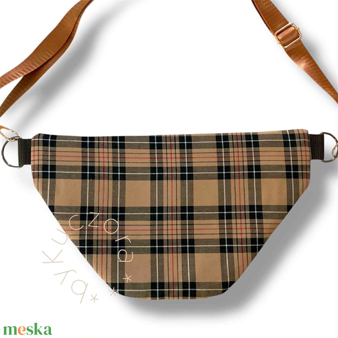Barna skót kockás övtáska / crossbody  klasszikus elegancia, modern formában - táska & tok - övtáska - Meska.hu