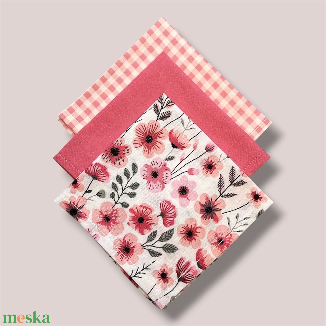 Textil zsebkendő szett, öko zsebkendő szett - rózsaszín virágos, kockás - S méret - szépségápolás - textil zsebkendő - Meska.hu