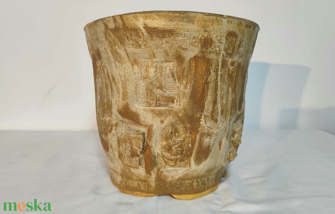 Kézzel készített Egyiptomi kerámia kaspó, bonsai tál, rusztikus növénytartó, egyedi mázas dekoráció 1250 �C-on égetve - otthon & életmód - virágdekoráció - virágtartó - kaspó - Meska.hu