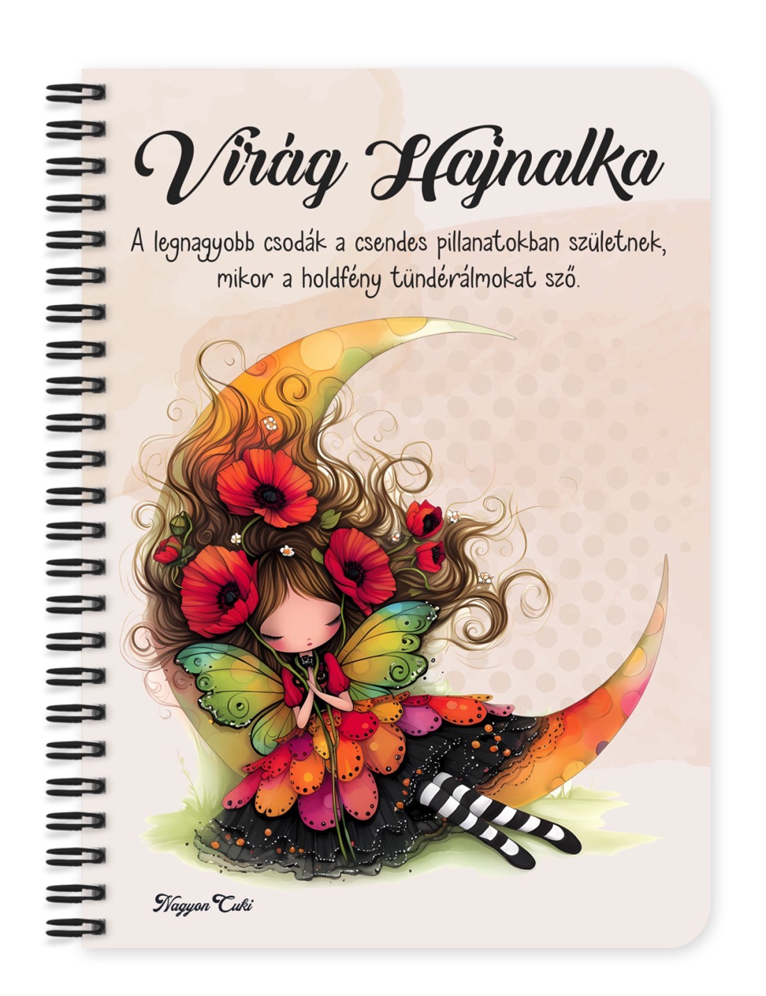Személyre szabható - Ölelő pipacs tündérlány és a hold mintás A6-os füzet - otthon & életmód - papír, írószer - jegyzetfüzet & napló - Meska.hu