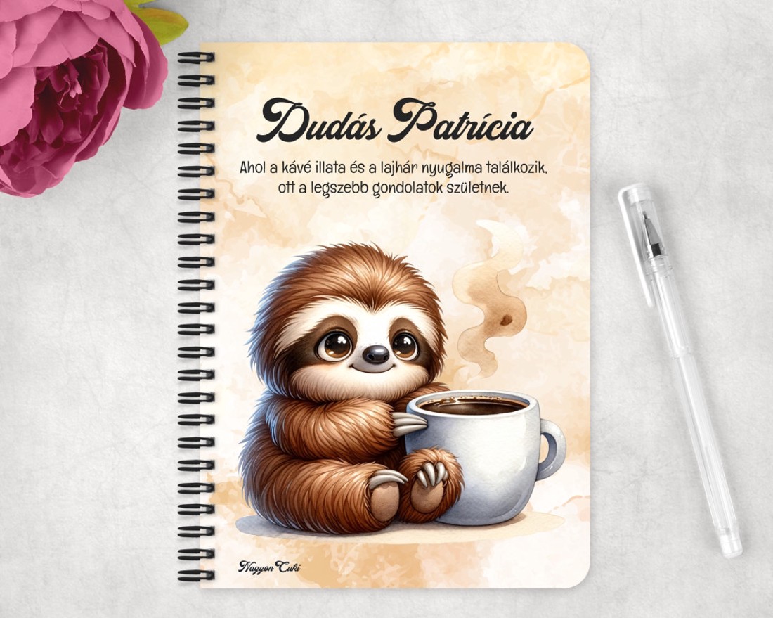 Személyre szabható - Telefonozós Kávés lajhár mintás A6-os füzet - otthon & életmód - papír, írószer - jegyzetfüzet & napló - Meska.hu