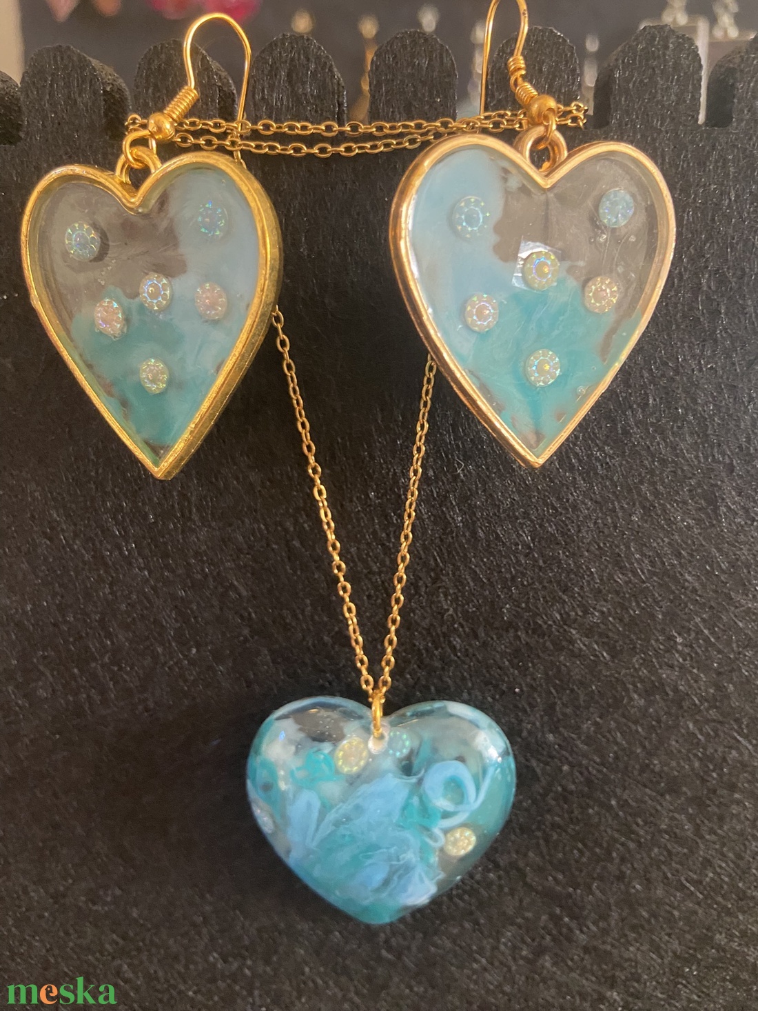 Kék szives fülbevaló és nyaklánc szett - ékszer - ékszerszett - Meska.hu