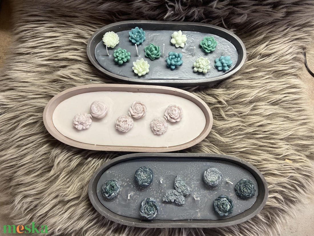 Nagyméretű gyertyatál -pozsgák és virágok - kellékek & szerszámok - dekorációs kellékek - dekorációs gyertya - Meska.hu