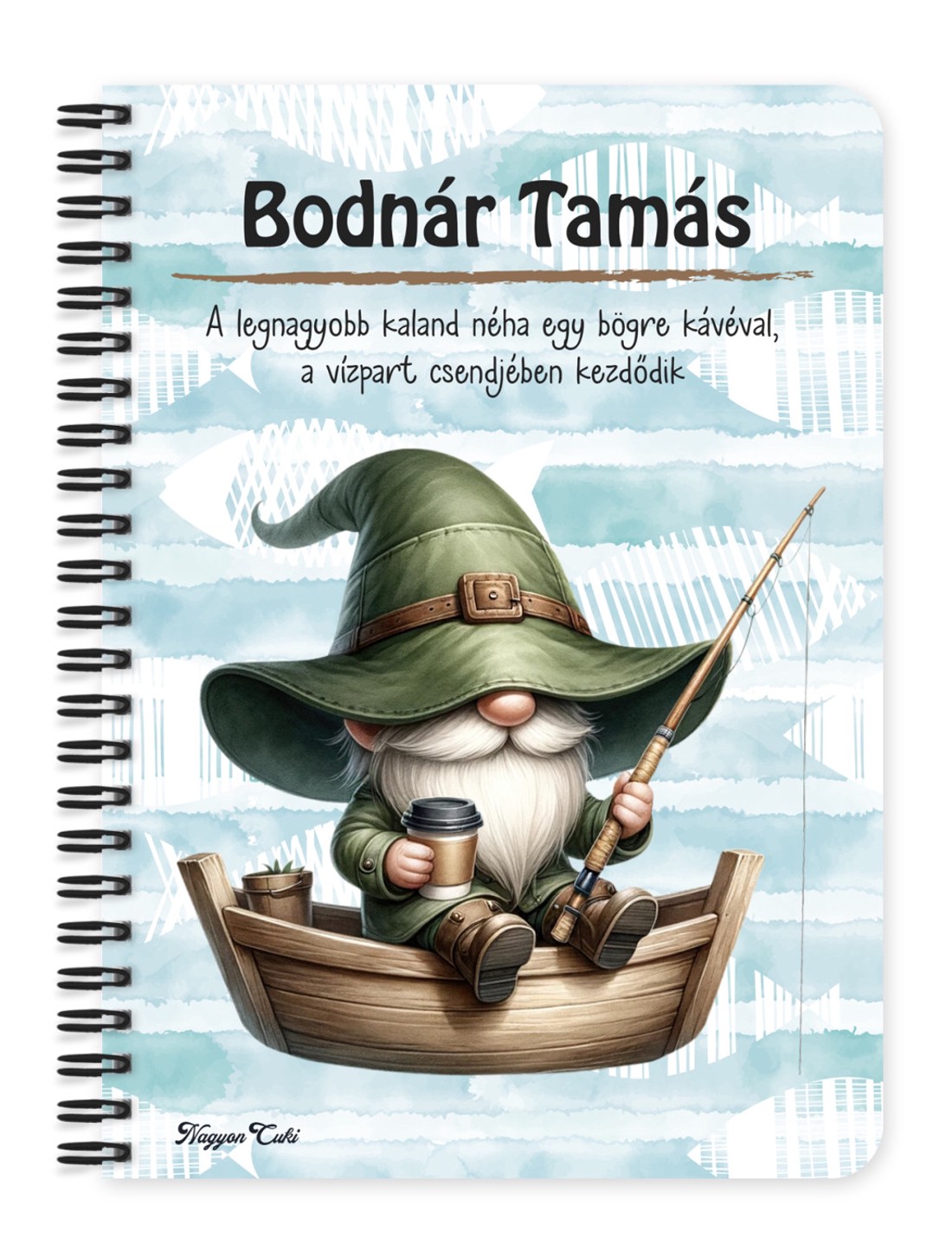 Személyre szabható - Csónakos horgász manó és kávé mintás A5-ös füzet - otthon & életmód - papír, írószer - jegyzetfüzet & napló - Meska.hu