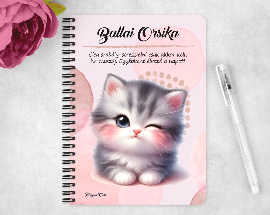 Személyre szabható - Kacsintós tündéri cica mintás A6-os füzet - otthon & életmód - papír, írószer - jegyzetfüzet & napló - Meska.hu