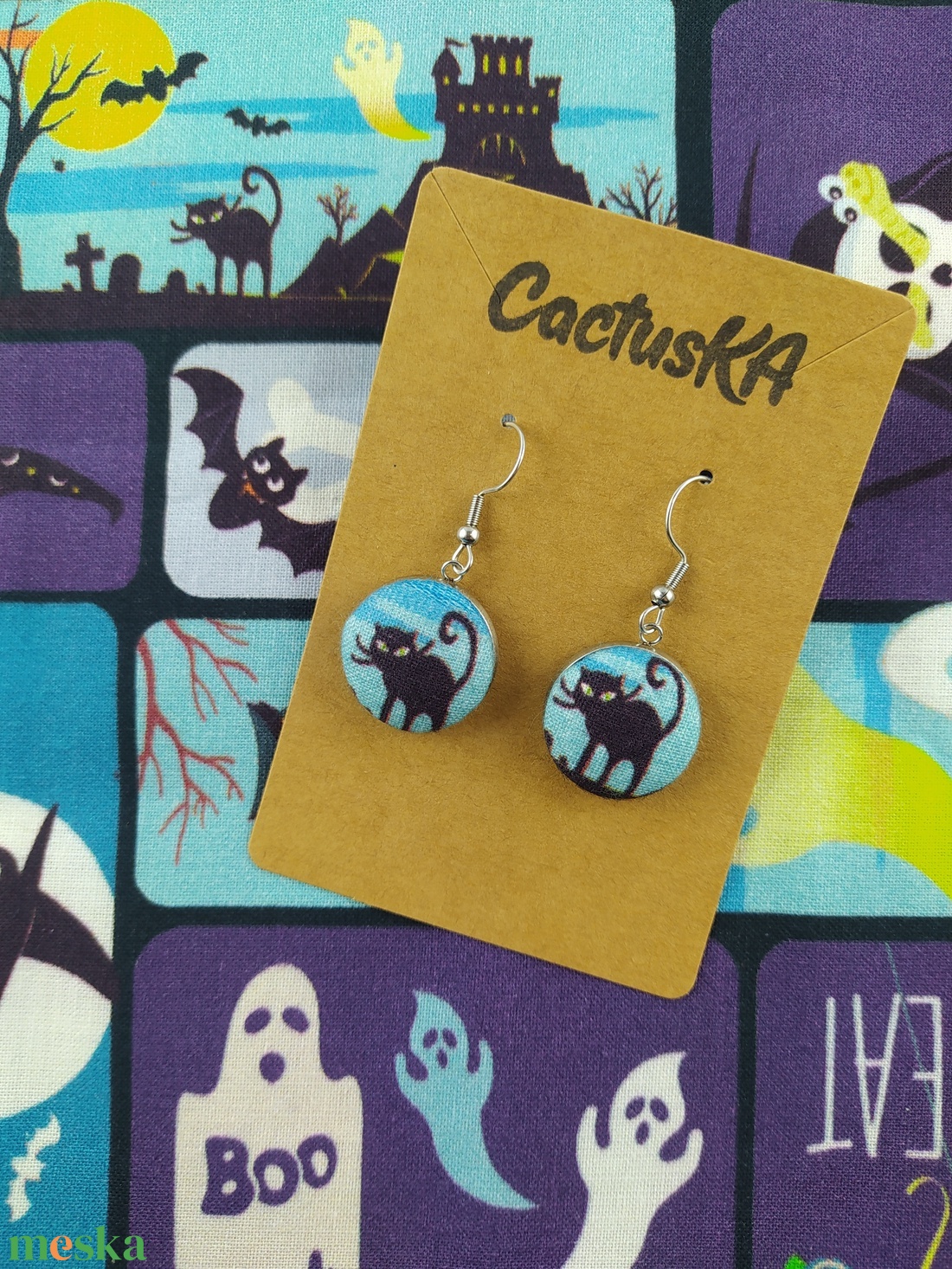 Halloween fekete macskás lógós fülbevaló  - ékszer - fülbevaló - lógós kerek fülbevaló - Meska.hu