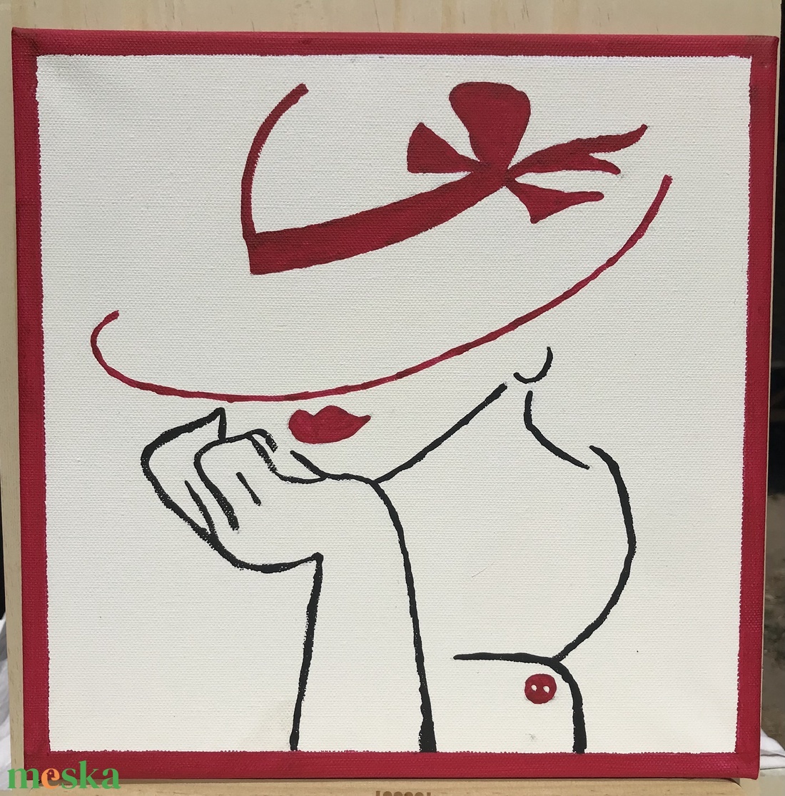 Hölgy piros kalapban - művészet - festmény - akril - Meska.hu