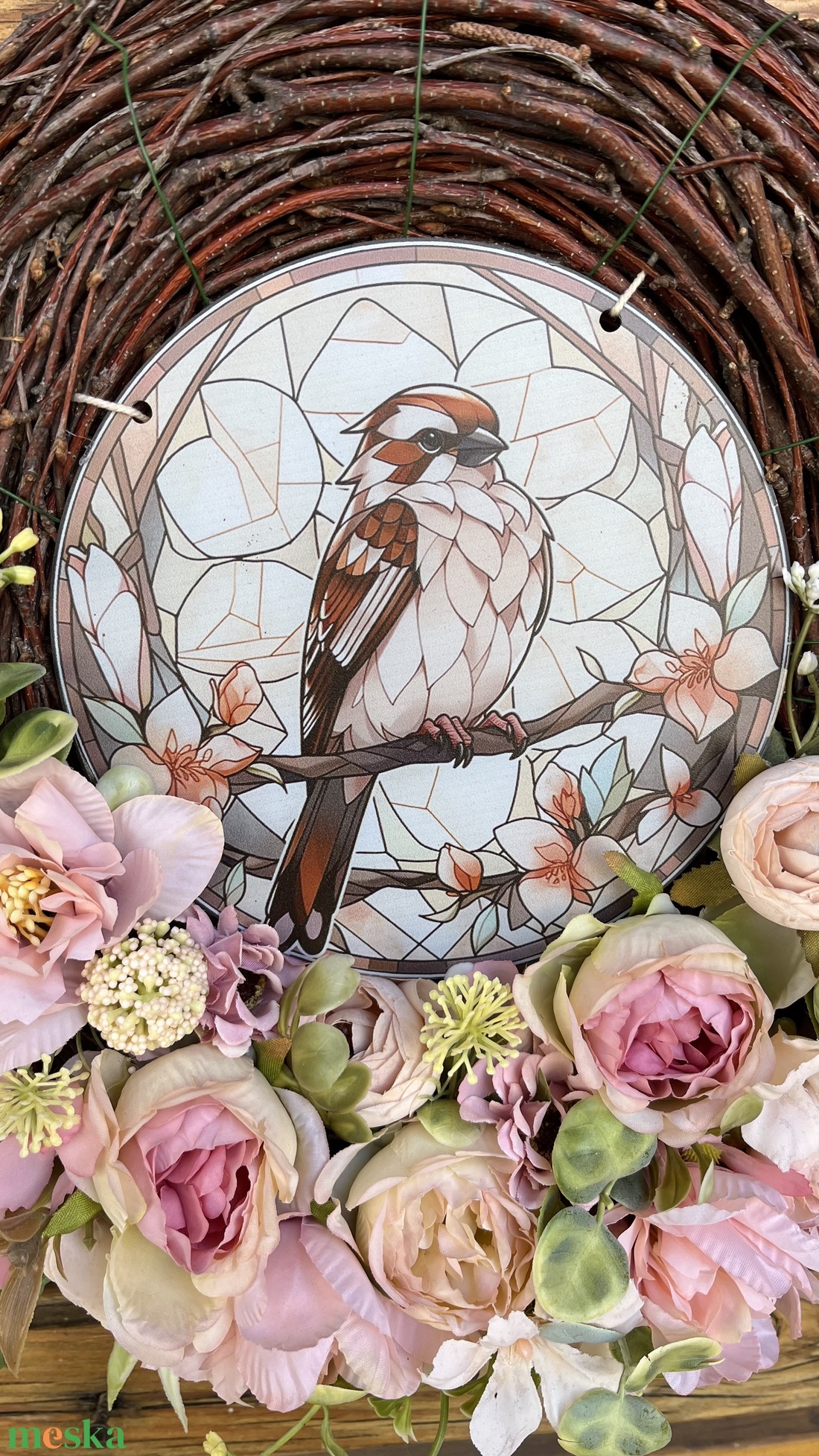 Tavaszi ajtódísz, kopogtató, Madaras középpel  - otthon & életmód - dekoráció - ajtó- és ablak dekoráció - ajtódísz & kopogtató - Meska.hu