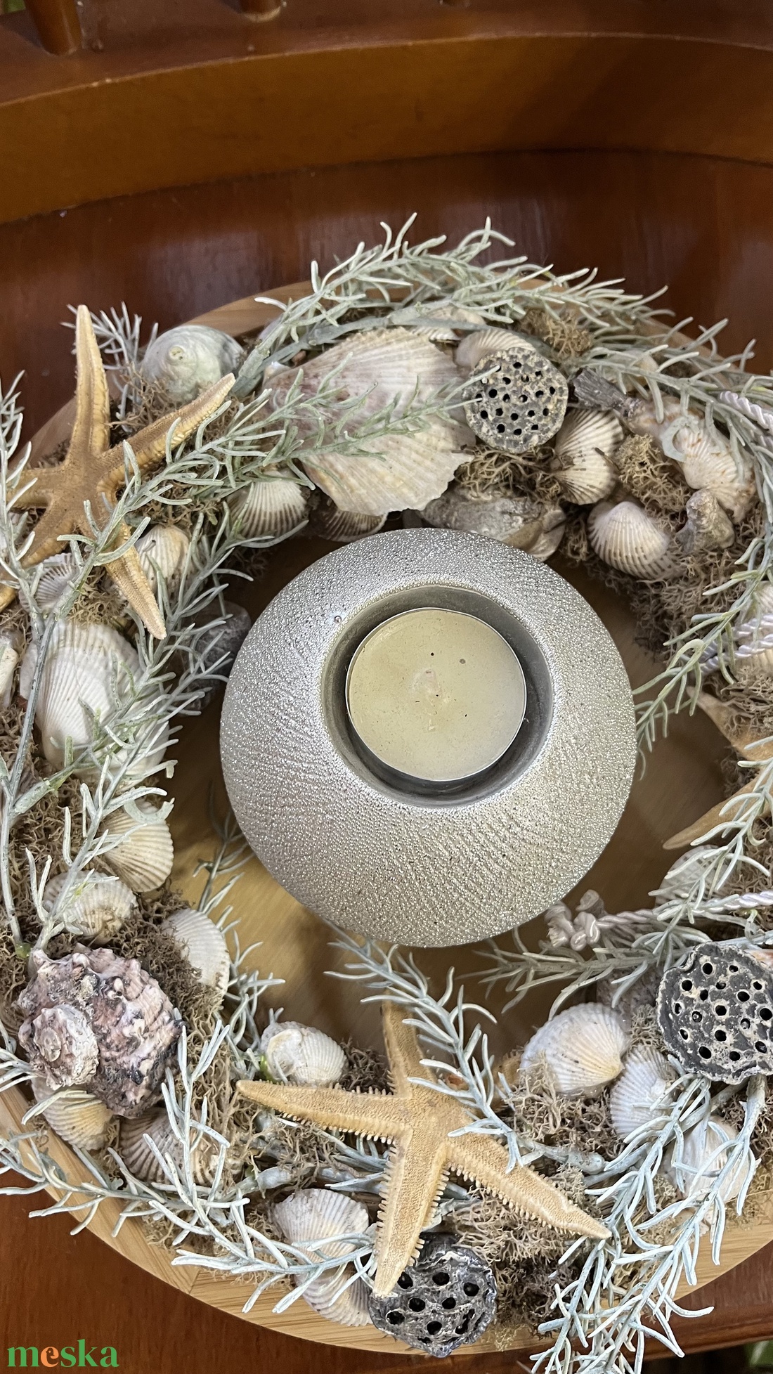 Kagylós nyári dekoráció fatálcán, asztaldísz - otthon & életmód - dekoráció - ajtó- és ablak dekoráció - ajtódísz & kopogtató - Meska.hu