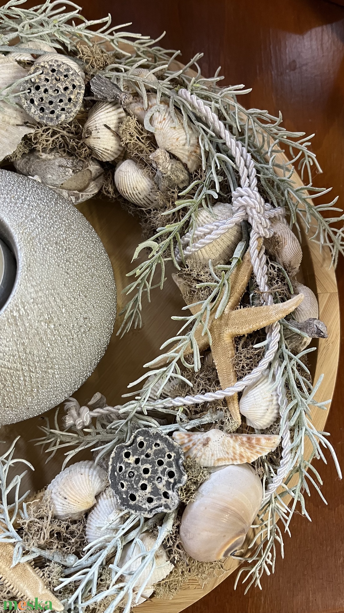 Kagylós nyári dekoráció fatálcán, asztaldísz - otthon & életmód - dekoráció - ajtó- és ablak dekoráció - ajtódísz & kopogtató - Meska.hu