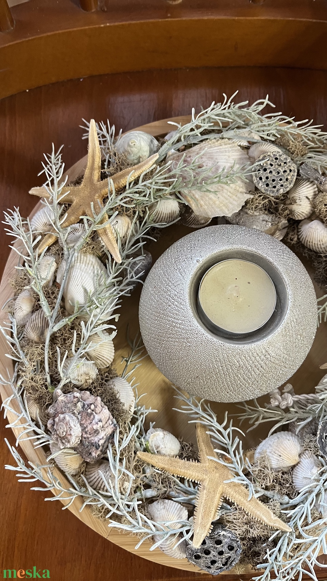 Kagylós nyári dekoráció fatálcán, asztaldísz - otthon & életmód - dekoráció - ajtó- és ablak dekoráció - ajtódísz & kopogtató - Meska.hu