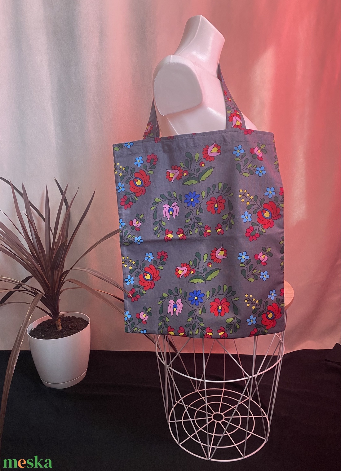 Szürke népi mintás bevásárlótáska - táska & tok - bevásárlás & shopper táska - shopper, textiltáska, szatyor - Meska.hu