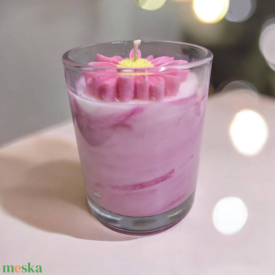 Rózsaszín virágos szójaviasz gyertya  - otthon & életmód - gyertya, illat, aroma - gyertya - Meska.hu